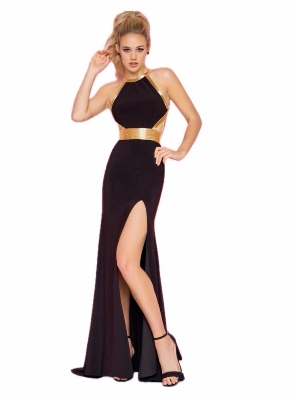 Mac Duggal Black and Gold Halter Maxi Dress with High Slit